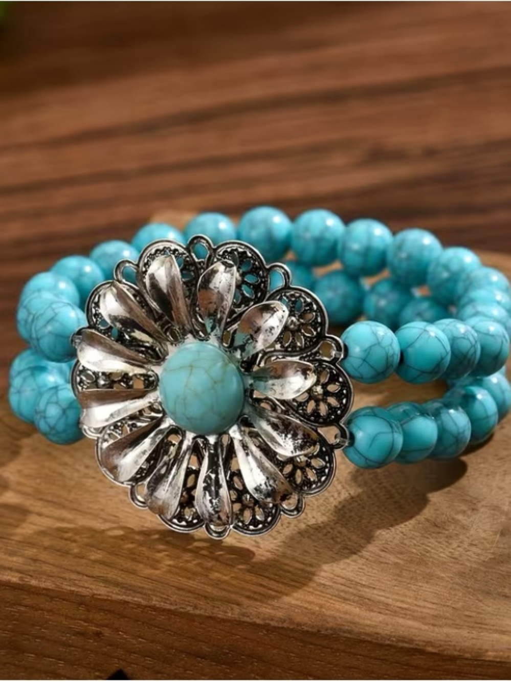 Western Beaded Stretch Bracelet with Floral Accent